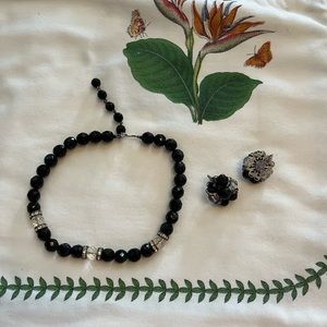 Vintage black jet bead necklace/crystal detail and matching clip on earrings